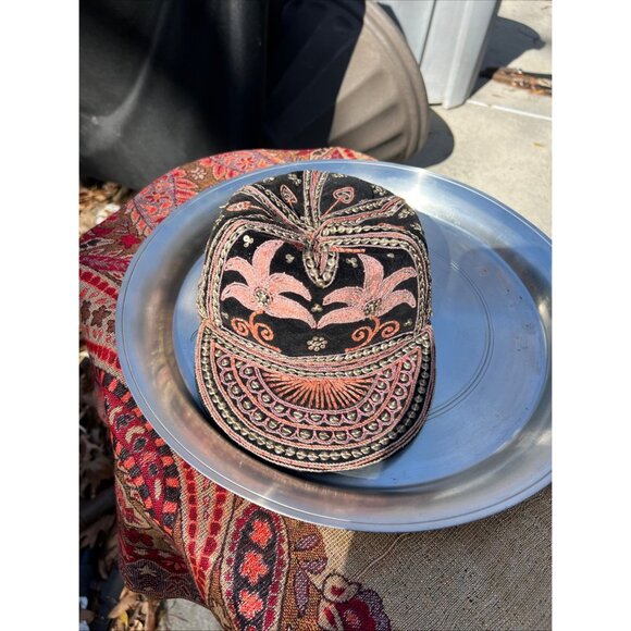 Handcrafted Black & Pink Floral Embroidered Cap Made In Burma With Intricate Bea - Picture 5 of 5